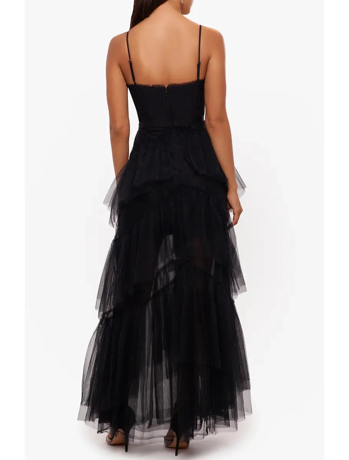Black Tiered Tulle Floor-Length Evening Dress with Straight Neck