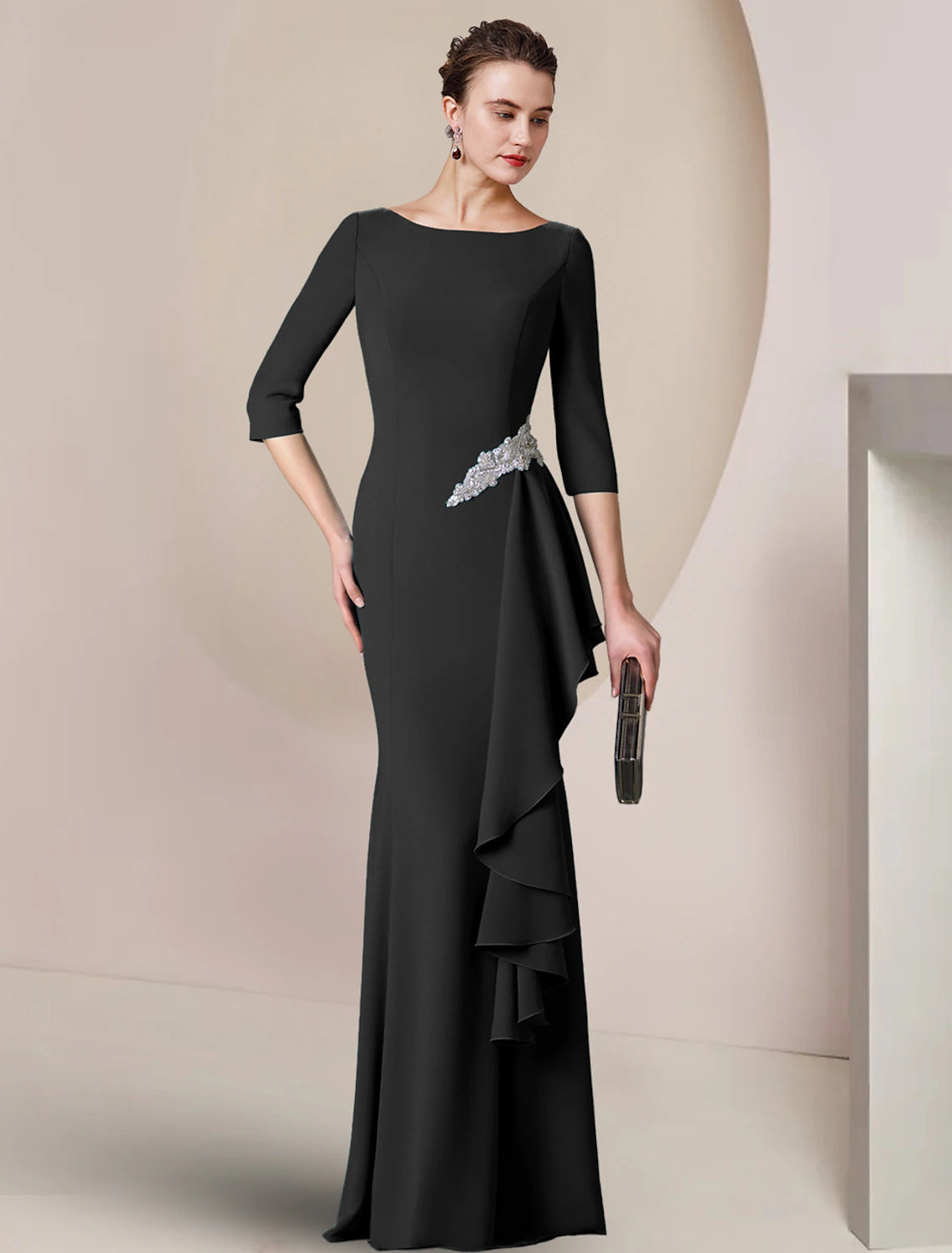 Teal Crepe Sheath/column Floor-Length Gown with Beaded Waist