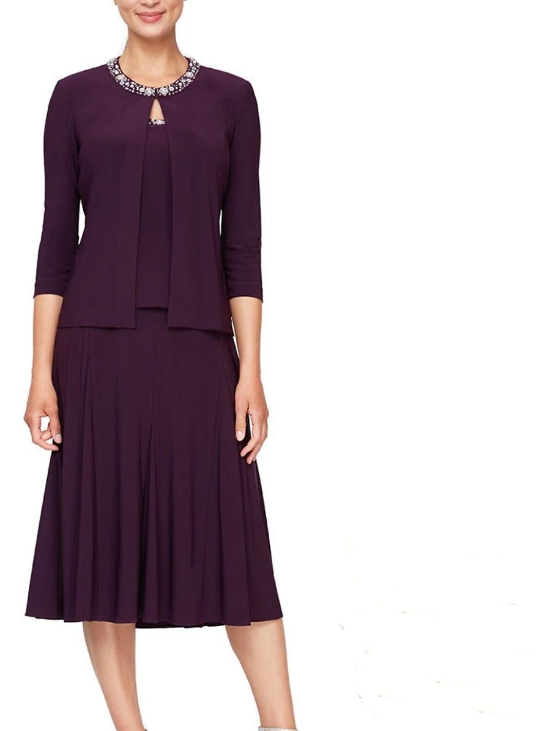 Dark Navy Crepe A-Line Tea-Length Evening Dress with Embellished Keyhole Neckline and Pleated Skirt