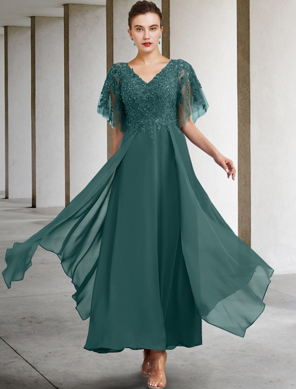 Abito da madre della sposa a trapezio, taglie forti, con scollo a V, elegante, lunghezza alla caviglia, in chiffon, pizzo, maniche corte, con applicazioni di perline e paillettes