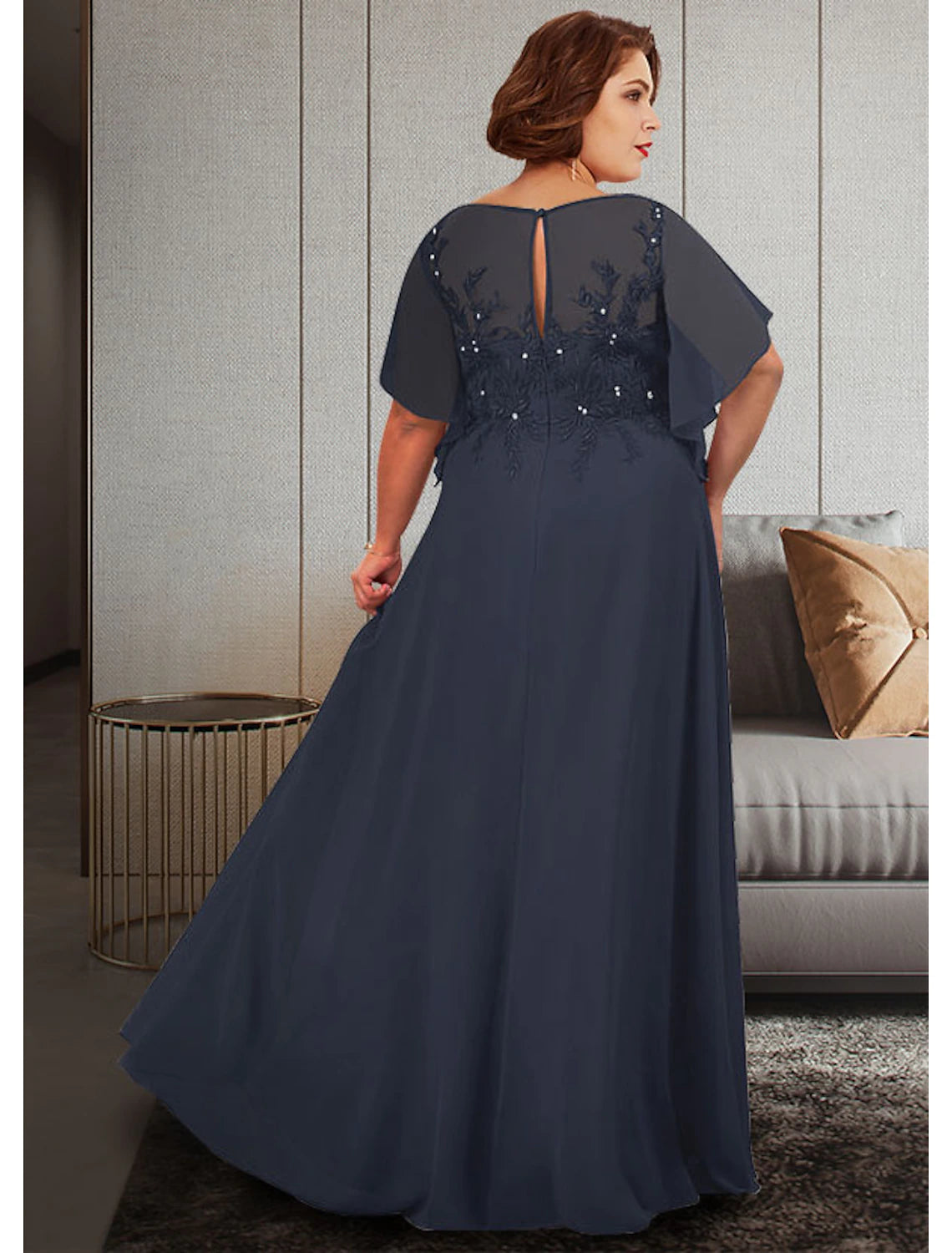 Dark Navy Chiffon A-Line Floor-Length Dress with Embroidered Bodice and Flutter Sleeves