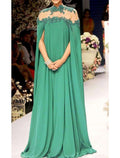 Emerald Chiffon A-Line Floor-Length Evening Gown with Illusion High Neck