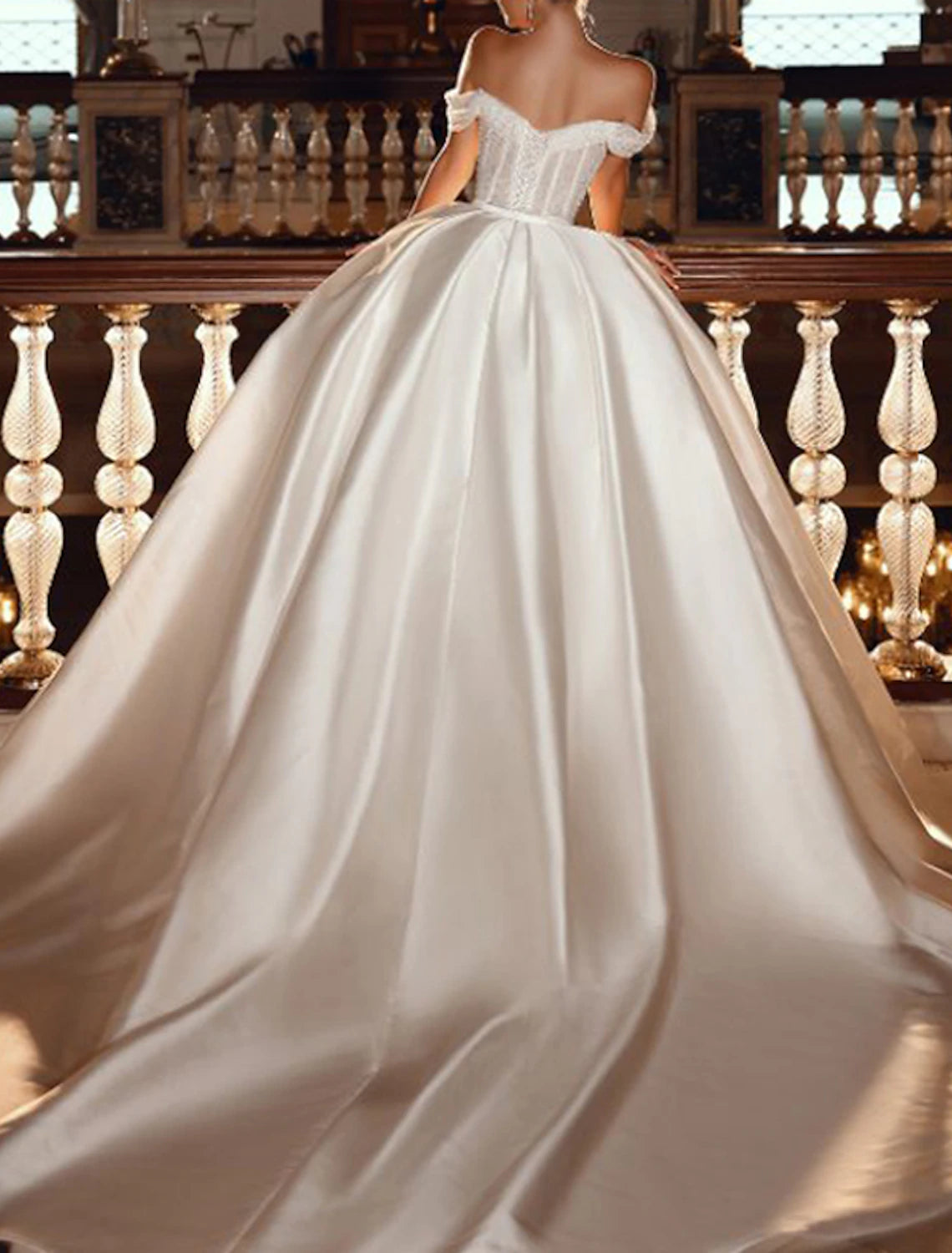 Vestidos de novia formales de compromiso con brillo y destellos, vestido de fiesta con hombros descubiertos, manga corta, cola capilla, vestidos de novia de satén con color sólido