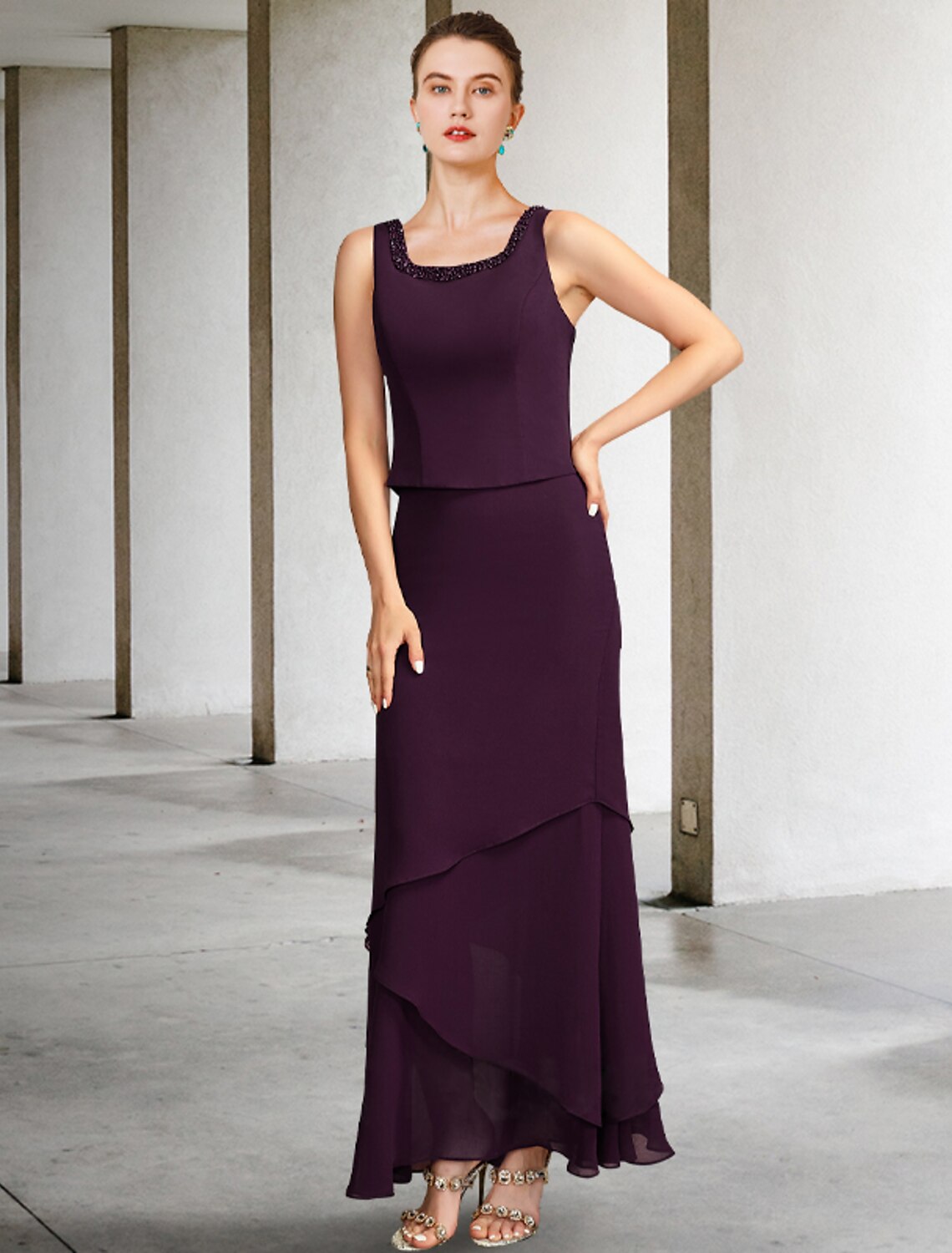 Vestido de madre de la novia de dos piezas, corte en A, talla grande, elegante, escote cuadrado, largo hasta los tobillos, de gasa, sin mangas, con chaqueta cruzada incluida, vestidos con capas de abalorios de perlas