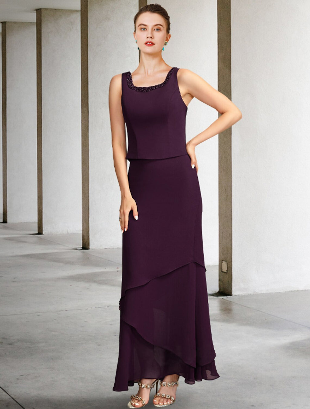 Mulberry Chiffon Sheath/Column Square Neck Floor-Length Evening Dress