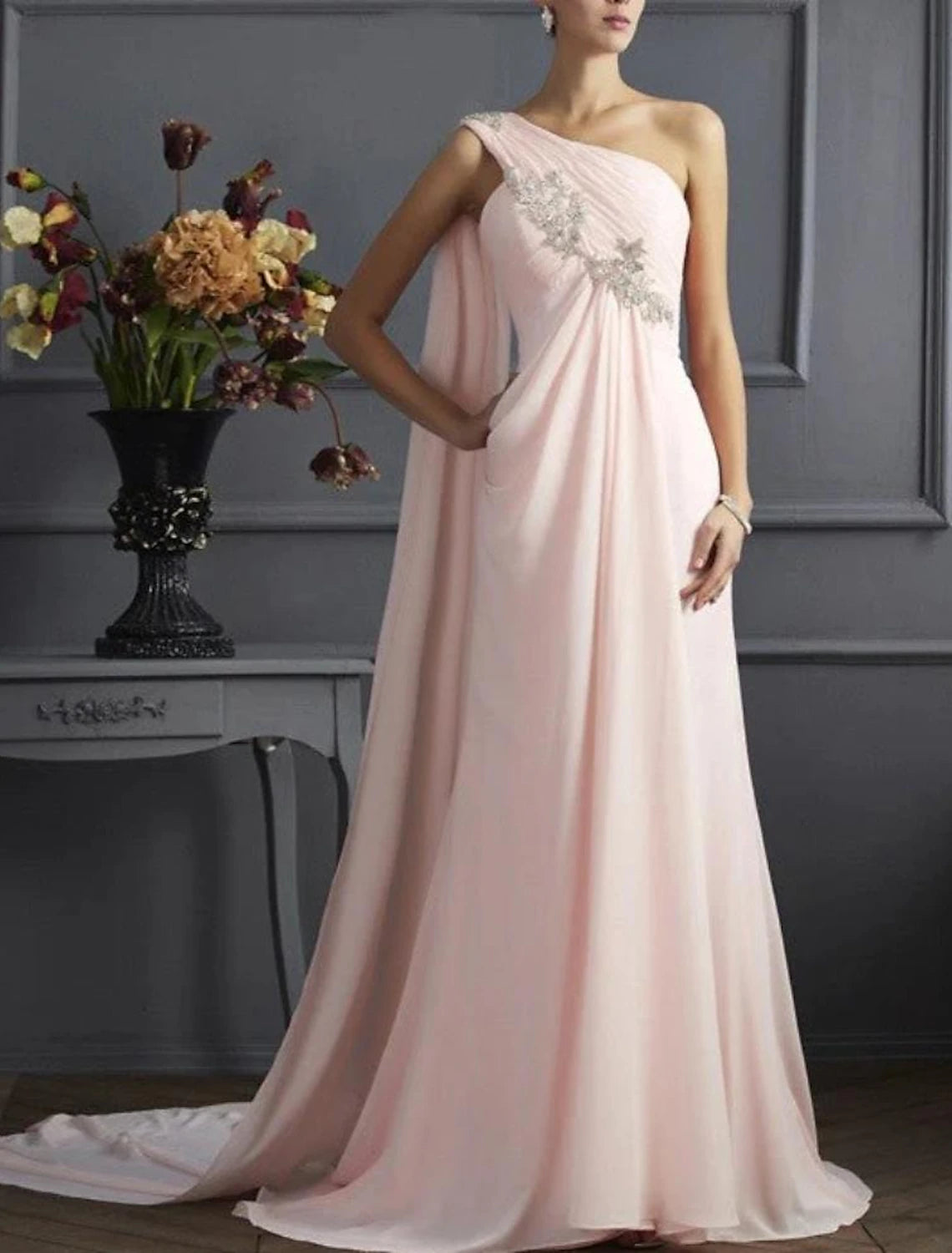 Abiti da sposa a trapezio, abiti floreali, da sera, formali, da festa, con strascico, senza maniche, monospalla, in chiffon con applicazioni