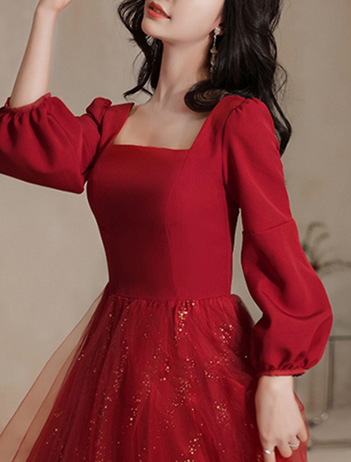 Abito da sera a trapezio, elegante, da fidanzamento, formale, lungo, a maniche lunghe, con scollo a barchetta, in tulle con paillettes