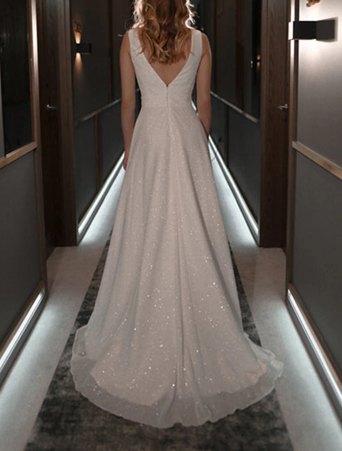 Abiti da ballo a trapezio, scintillanti, per matrimoni, compleanni, con strascico a ruota, senza maniche, scollo a V, per ricevimenti autunnali, in tulle con paillettes