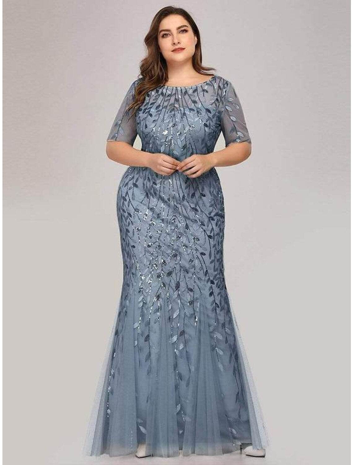 Vestido de noche elegante estilo imperio de sirena/trompeta para fiesta, formal, cuello joya, manga corta, largo hasta el suelo, de tul con bordado/manga ilusión.