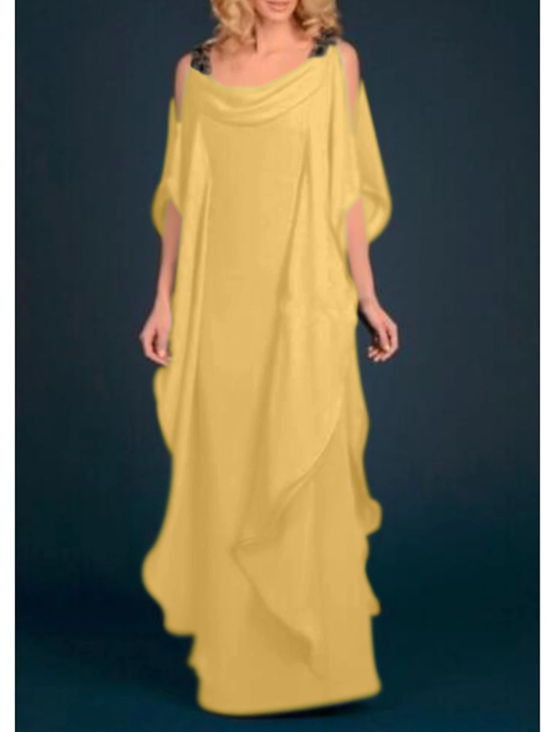 Royal Blue Chiffon A-Line Floor-Length Evening Dress with Cowl Neck & Cold Shoulder Sleeves