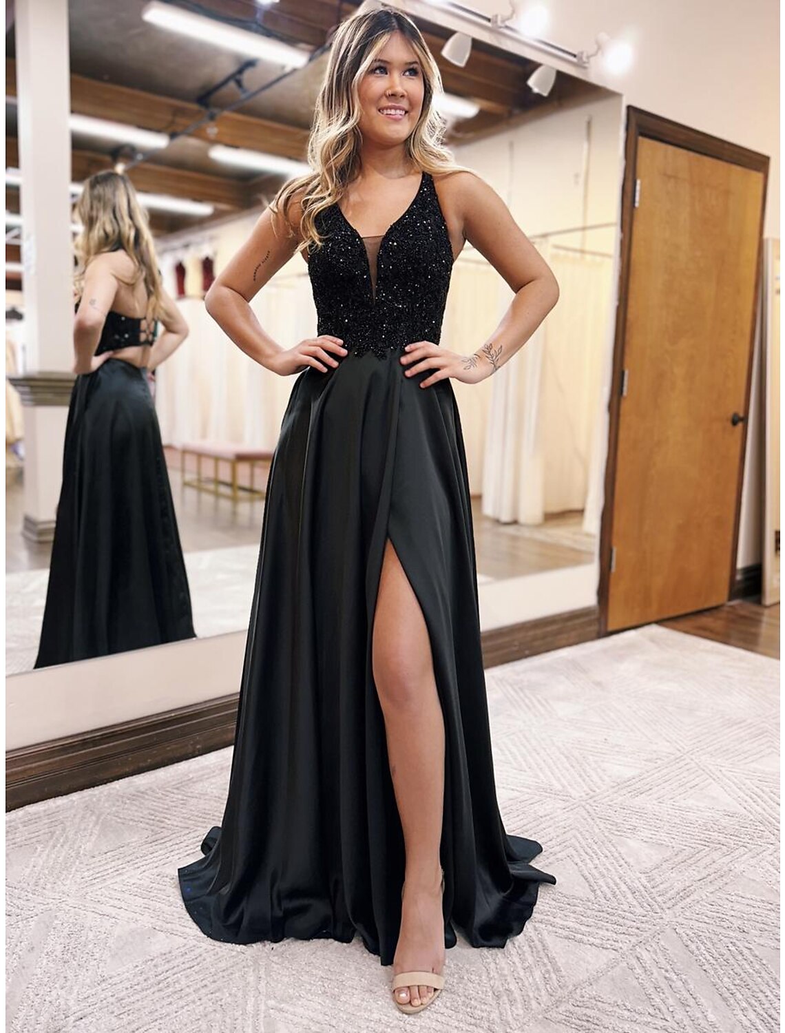 Black Satin A-Line Floor-Length Evening Dress with Sequin Bodice and High Slit