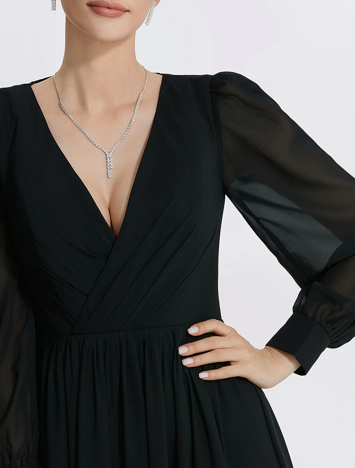 Abito da sera a trapezio, elegante, formale, lungo fino al pavimento, manica lunga, scollo a V, in chiffon con spacco