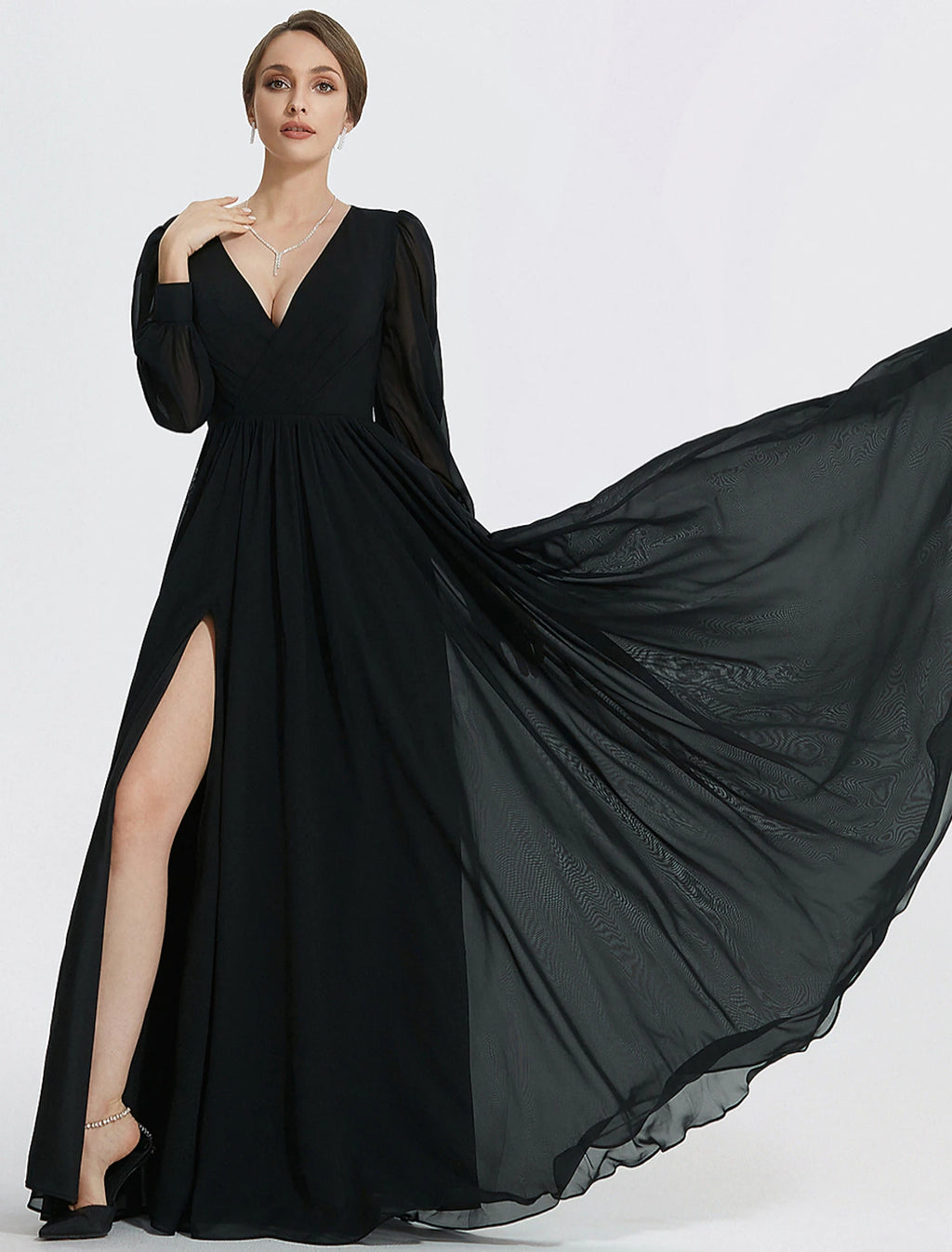 Vestido de noche elegante de corte A, vestido formal hasta el suelo, manga larga, cuello en V, gasa con abertura