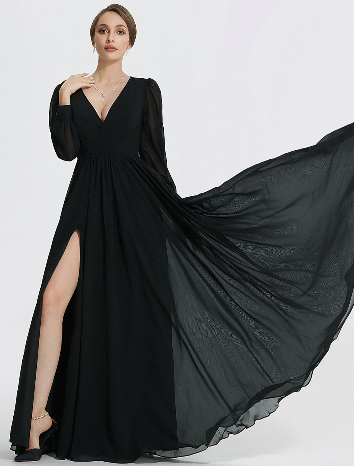Vestido de noche elegante de corte A, vestido formal hasta el suelo, manga larga, cuello en V, gasa con abertura