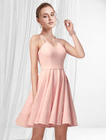 Pink Crepe A-Line Bridesmaid Short Dress with V-Neck and Pleated Skirt