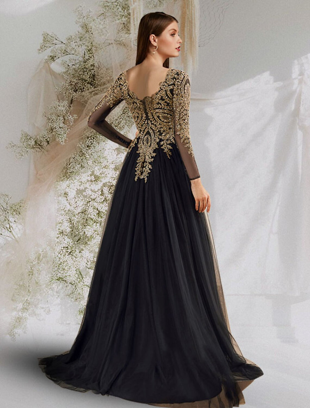 Black Long Sleeve Embroidered Tulle A-Line Floor-Length Evening Dress