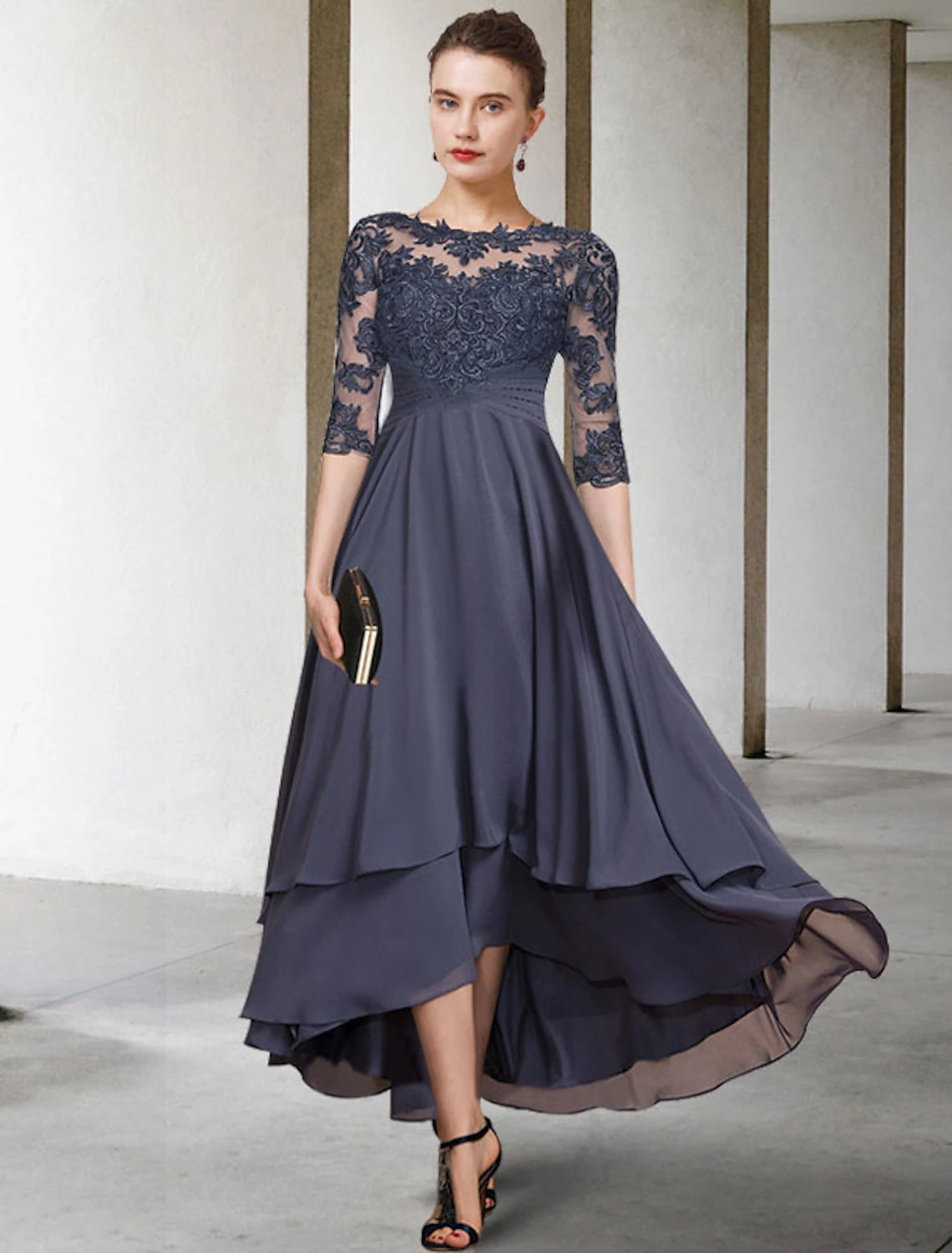 Dark Navy Chiffon A-Line High-Low Dress with Lace Bodice & Boat Neck