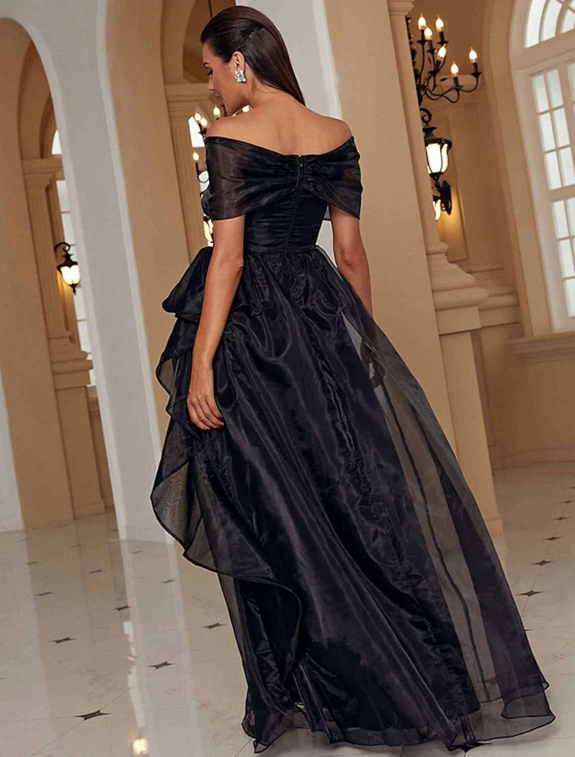 Abito da sera a trapezio, sexy, formale, da ospite di nozze, lungo fino al pavimento, a maniche corte, con spalle scoperte, in poliestere con volant e spacco, stile Mercoledì Addams Family