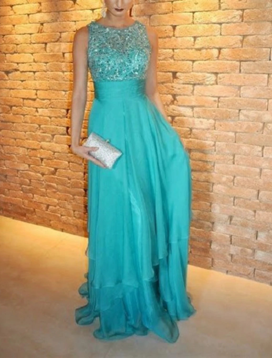 Teal Chiffon A-Line Floor-Length Evening Dress with Sequined Bodice and Boat Neck