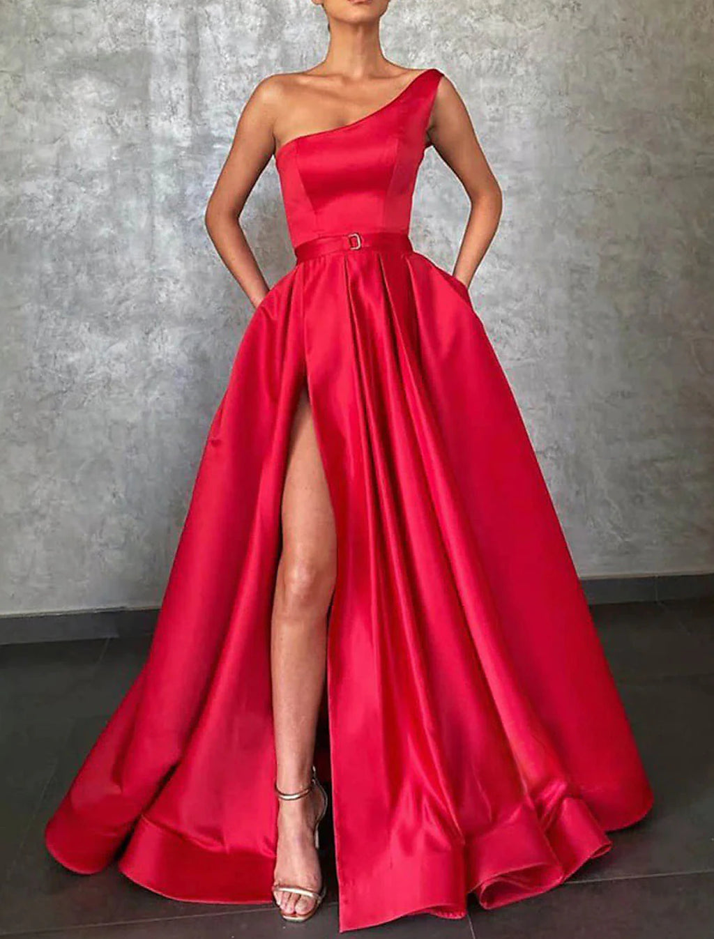 Forest Green Satin One Shoulder A-Line Floor-Length Gown with High Slit