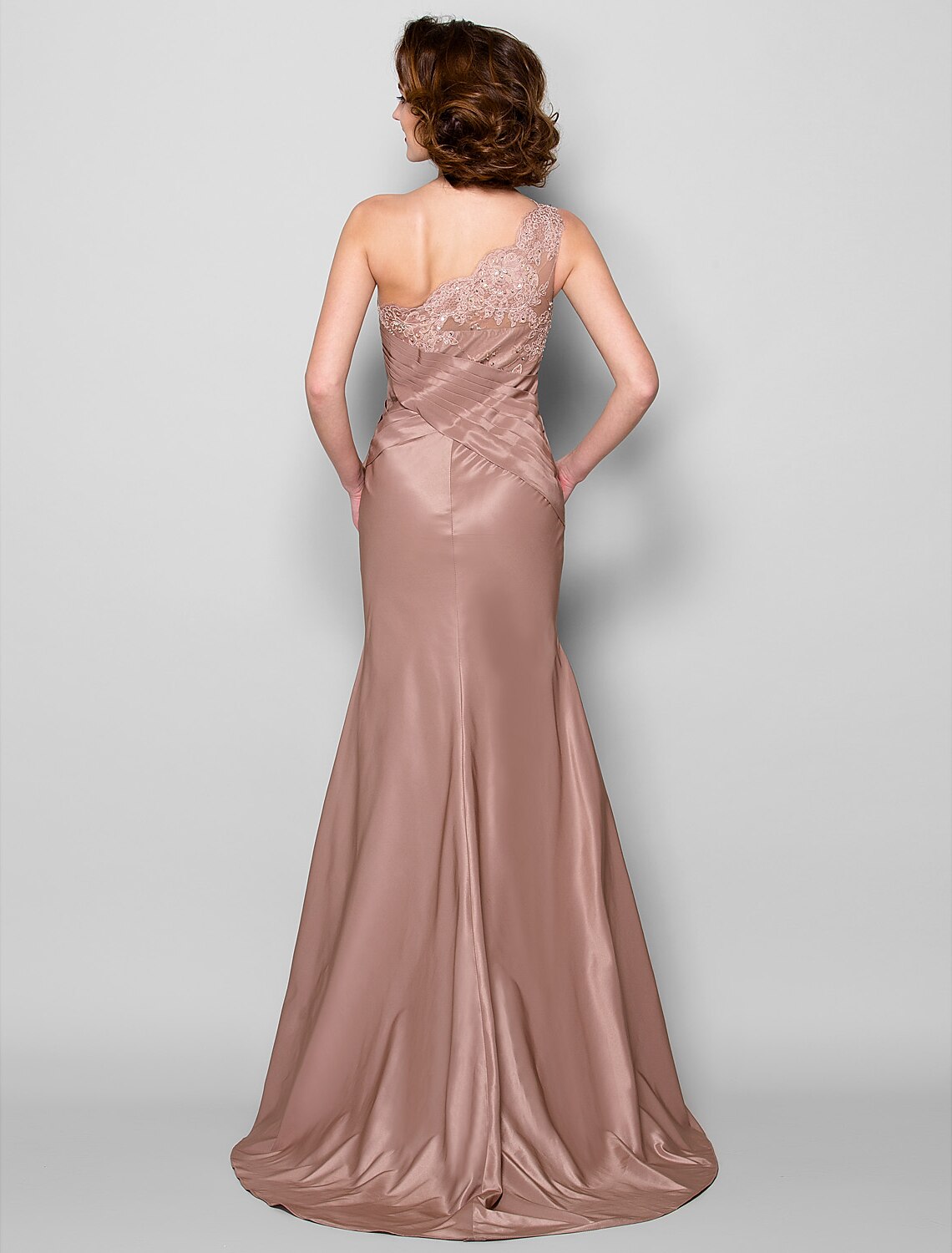 Vestido de sirena/trompeta para madre de la novia, floral, de un solo hombro, con cola larga y encaje de tafetán, sin mangas y con flores