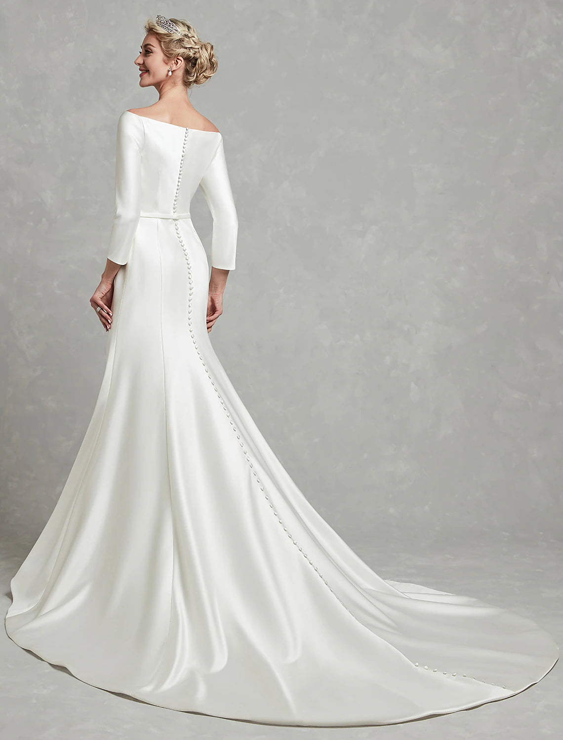 Ivory Satin Sheath/column Floor-Length Evening Dress with Boat Neck & 3/4 Sleeves