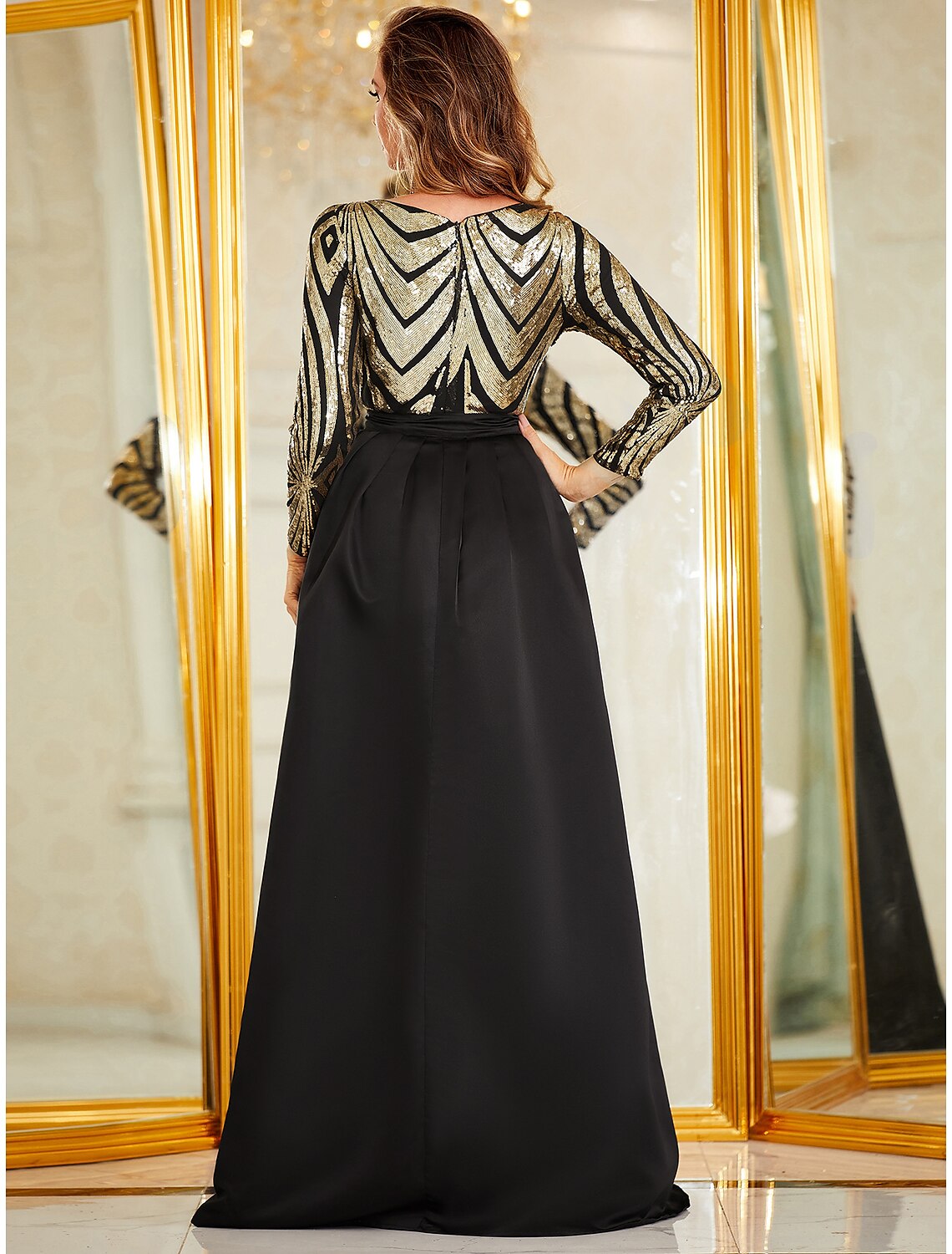 Glamorous Black Sequin Floor-Length Sheath Dress with V-Neck & Overskirt