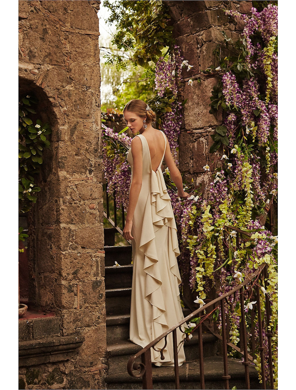 Ivory Crepe Boat Neck Bridesmaid Dress with Asymmetrical Draped Skirt