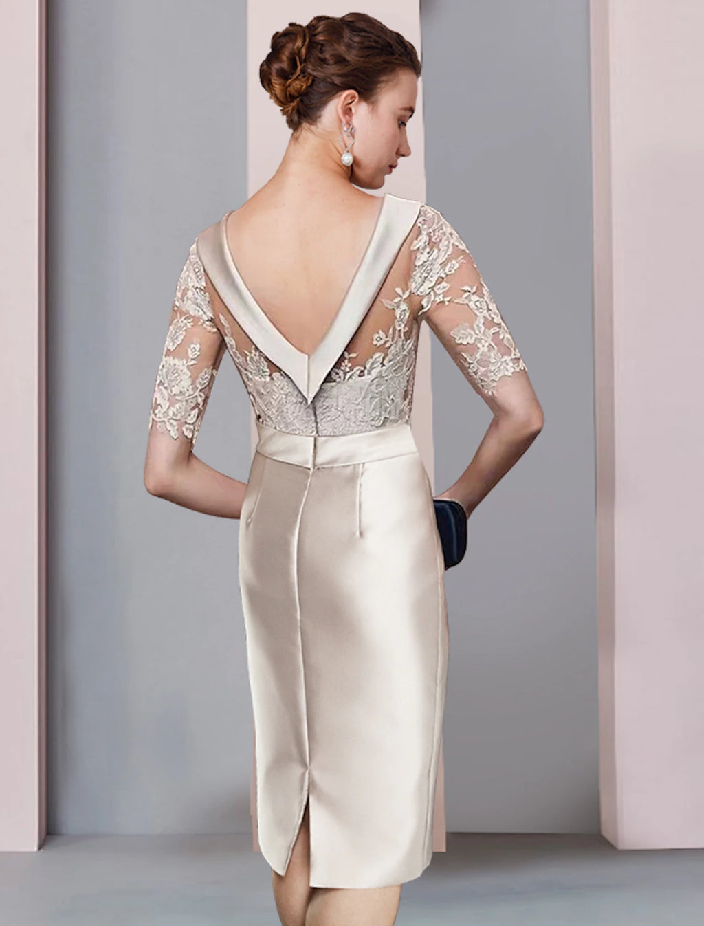 Champagne Satin Midi Sheath/column Dress with Lace Illusion Neckline & Bow Waist
