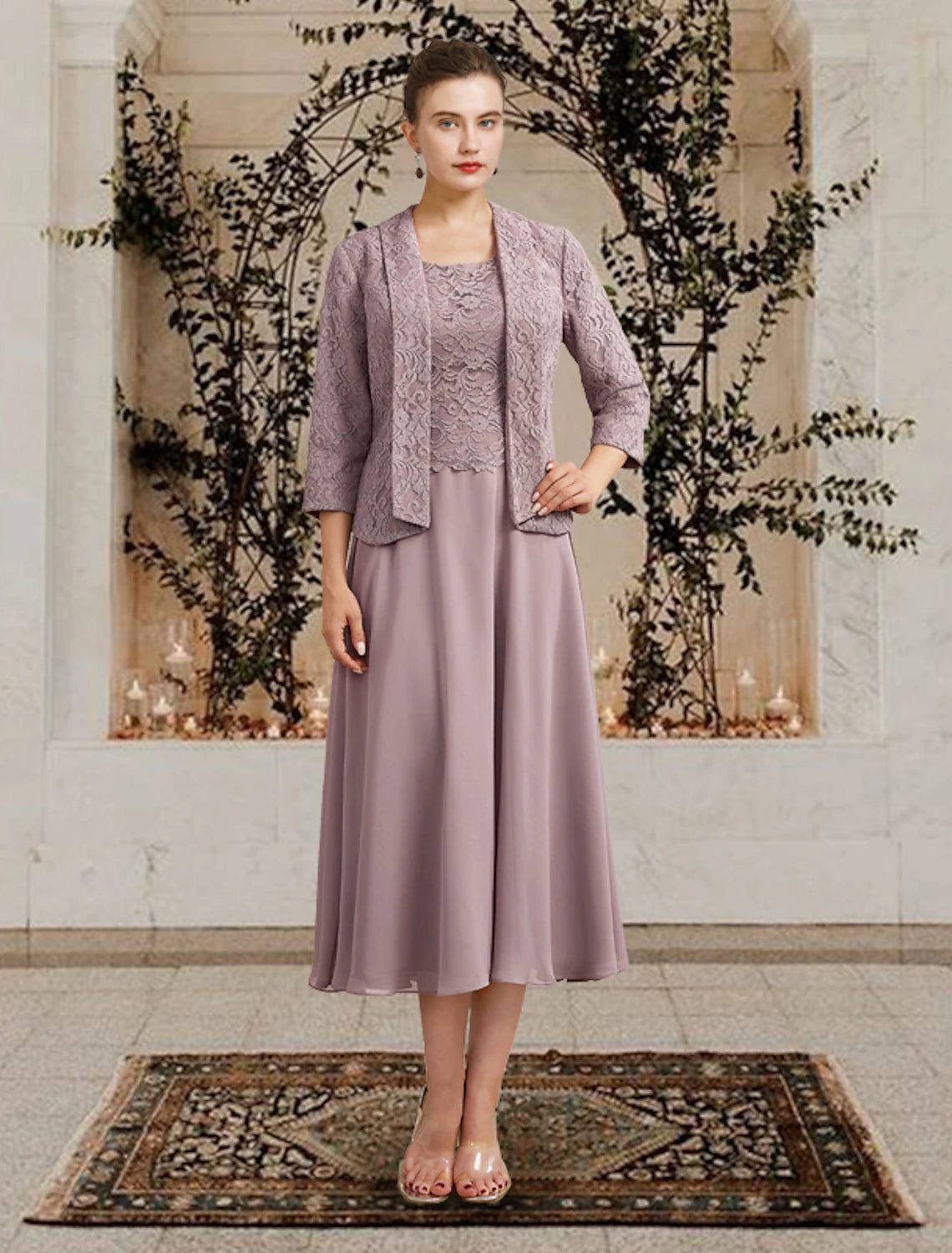 Vestido de dos piezas de corte A para madre de la novia, elegante, estilo iglesia, cuello joya, largo hasta el suelo, largo hasta la rodilla, de gasa, con encaje, sin mangas, chaqueta corta, vestidos con volantes y apliques