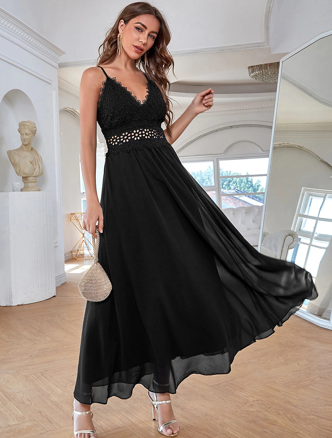 Black Chiffon A-Line V-Neck Floor-Length Evening Dress with Lace Bodice