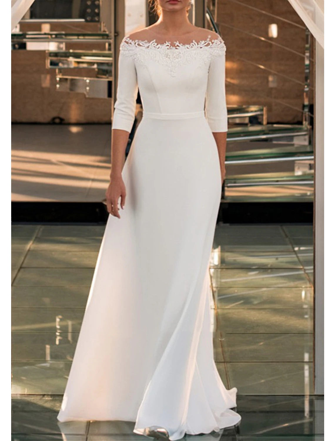 Ivory Crepe Off-the-Shoulder Floor-Length Evening Dress with Lace Neckline
