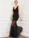 Black Crepe Mermaid Floor-Length Dress with V-Neck and Pleated Bodice & Sheer Tulle Skirt