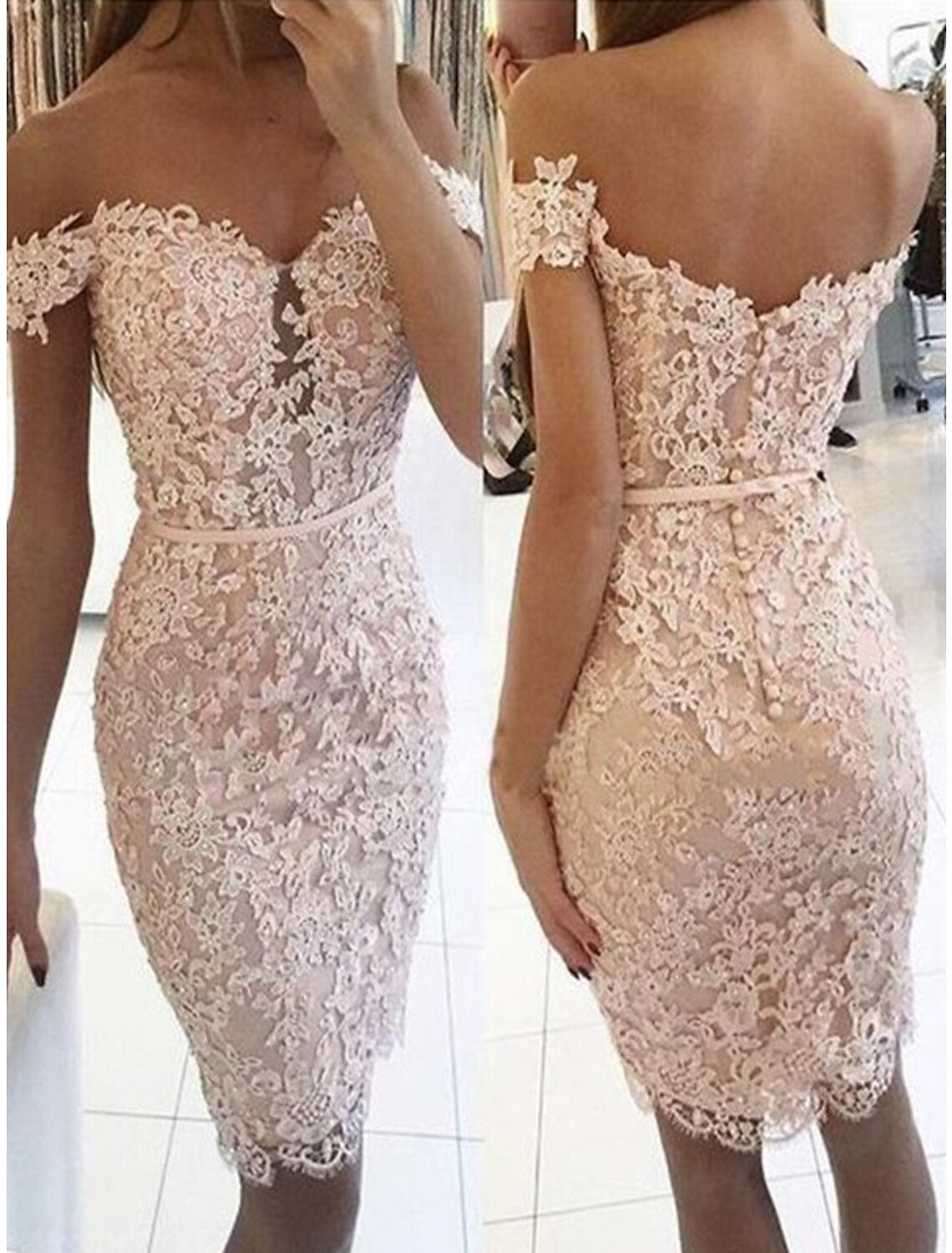 Vestido de cóctel con corte tubo/columna, floral, para fiesta de bienvenida, corto/mini, sin mangas, con hombros descubiertos, para invitadas de boda de otoño, con encaje y apliques