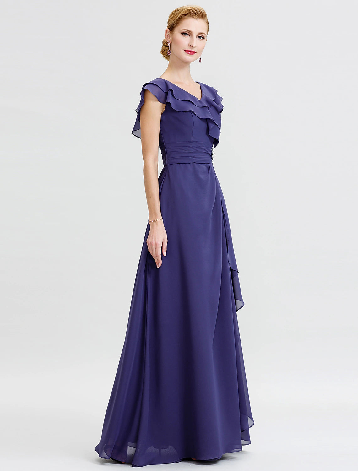 Abito da madre della sposa a trapezio, formale, con schiena scoperta, elegante, scollo a V, lunghezza pavimento, in chiffon, maniche corte, senza cintura/nastro, spilla di cristallo