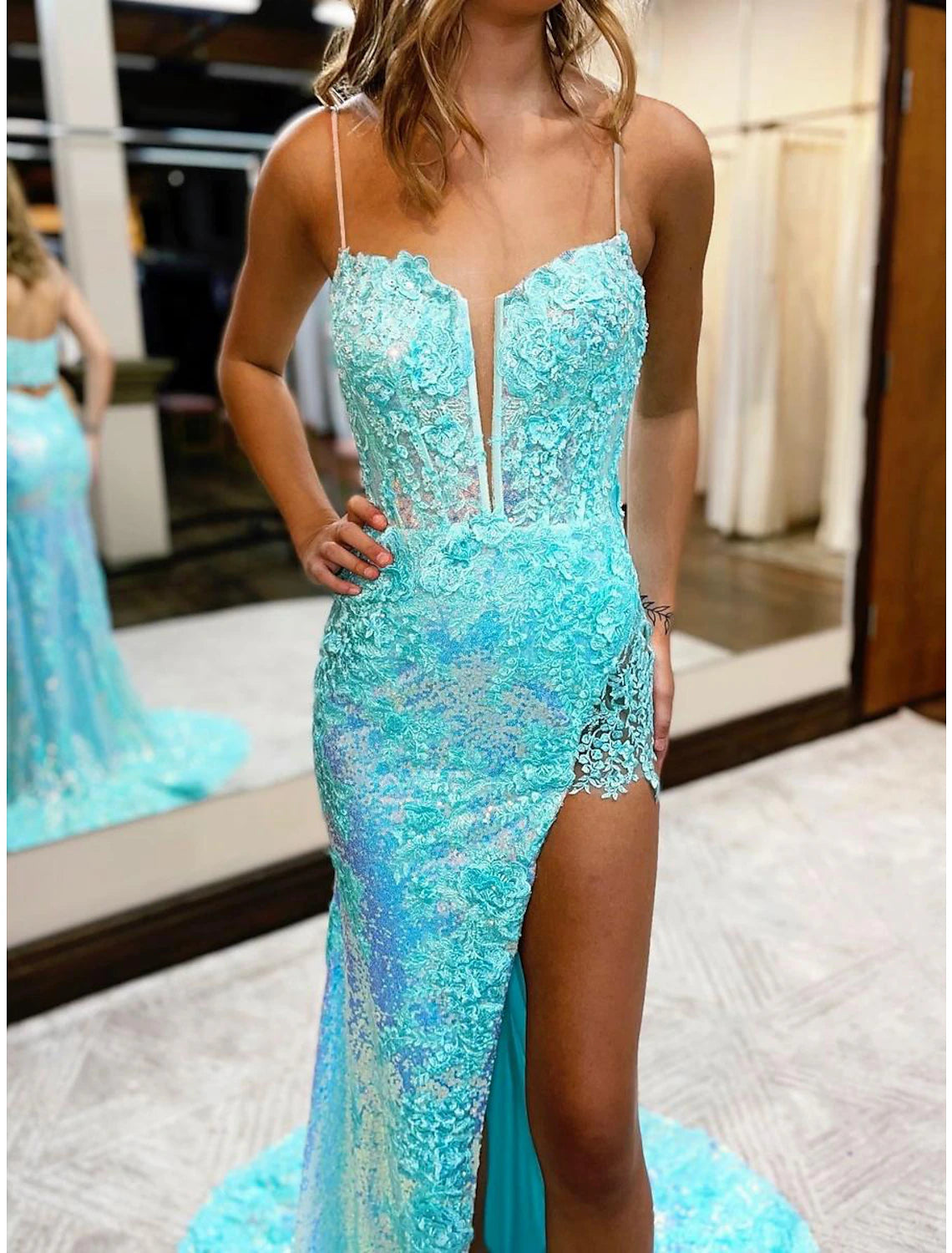 Sky Blue Sequin Lace Mermaid Floor-Length Evening Dress