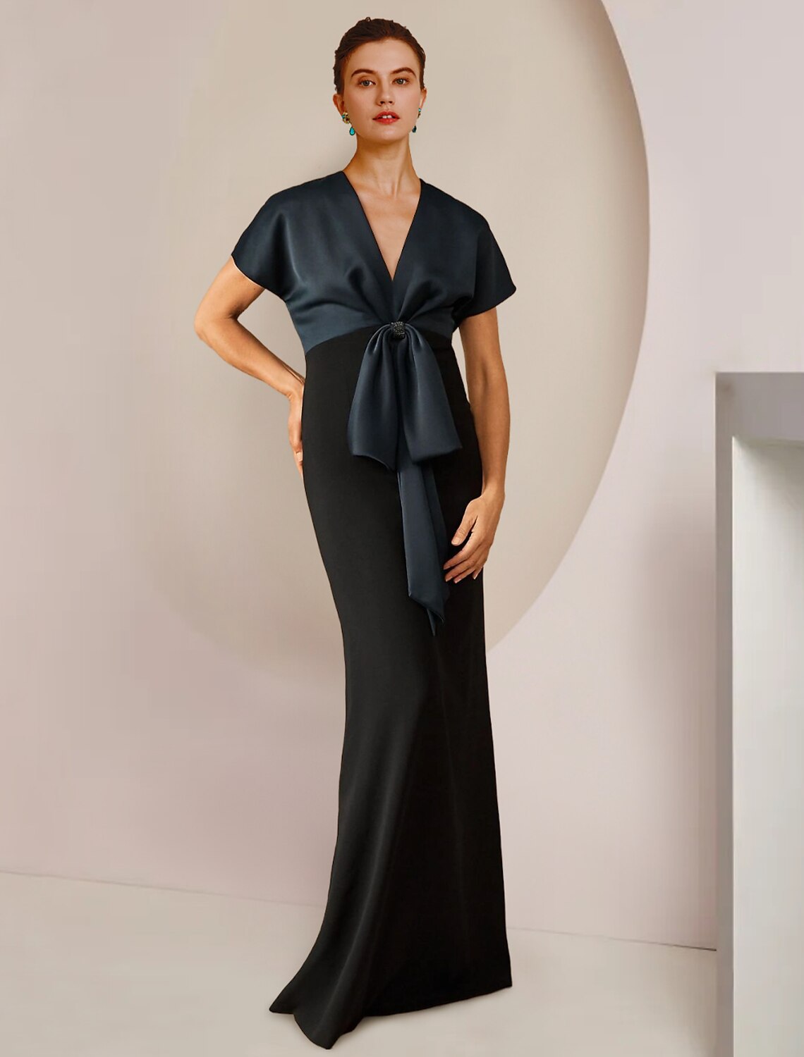 Black Satin V-Neck Floor-Length Evening Dress with Draped Bodice