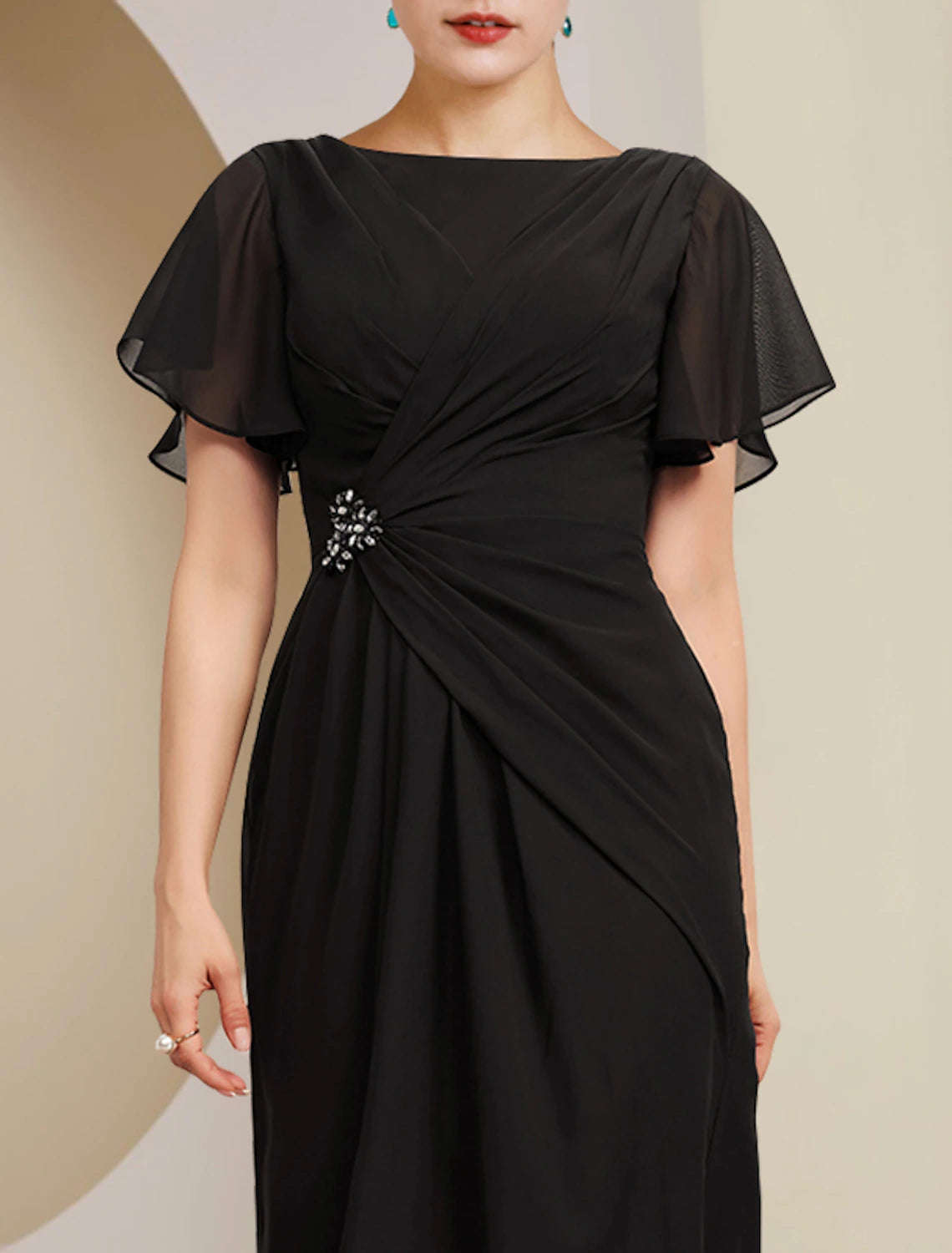 Black Chiffon A-Line Floor-Length Dress with Boat Neck and Draped Bodice for Formal Events