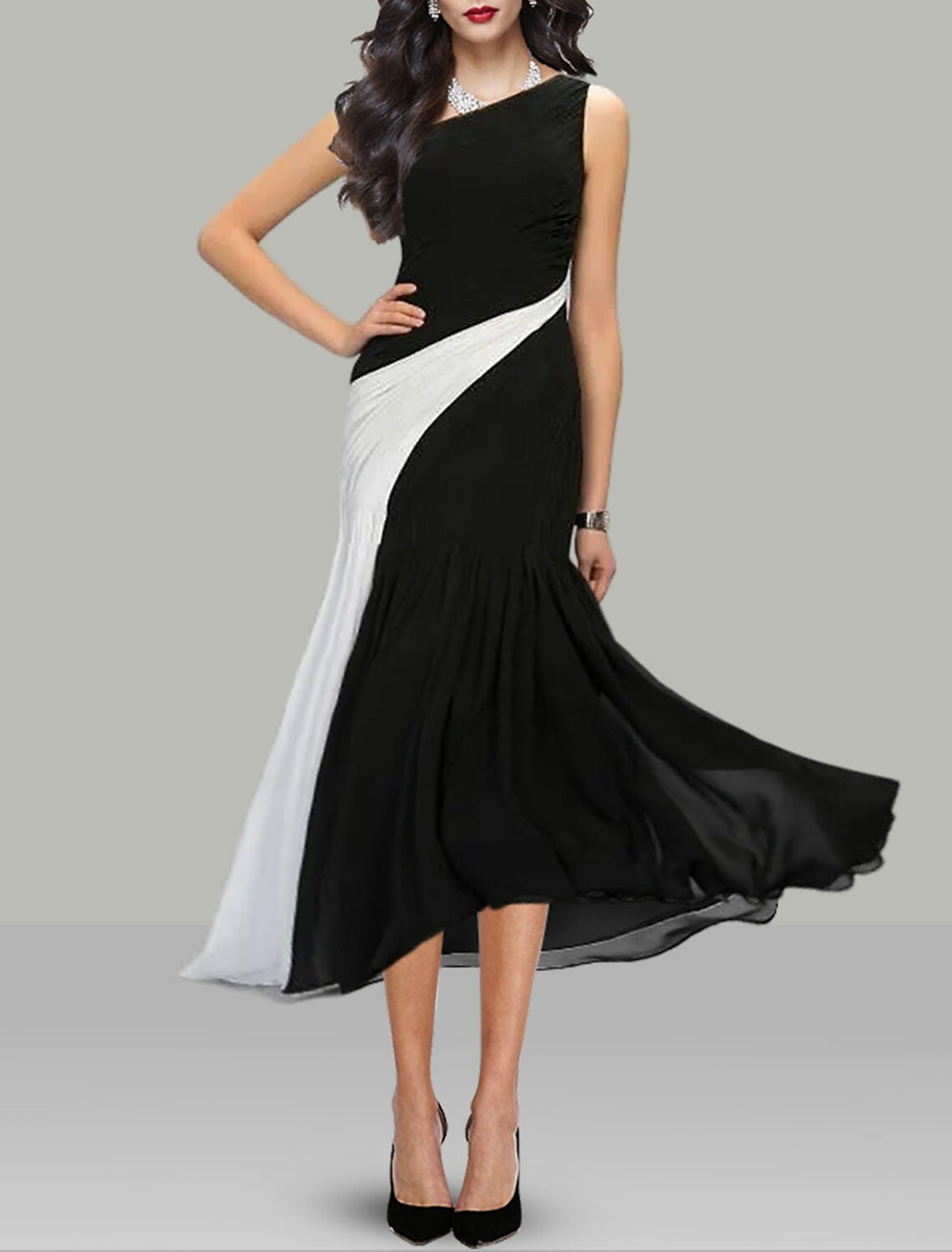 Black Chiffon One Shoulder Midi Dress - Sheath/column with Ruched Bodice & Diagonal Color Block