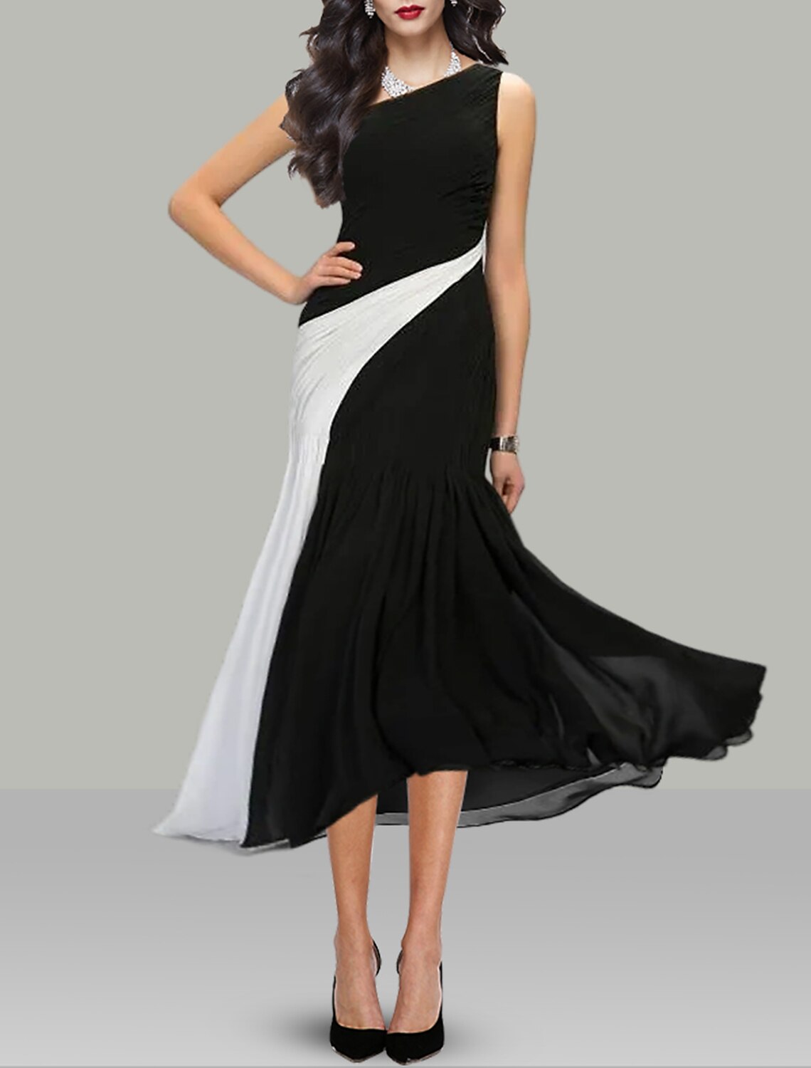 Black Chiffon One Shoulder Midi Dress - Sheath/column with Ruched Bodice & Diagonal Color Block