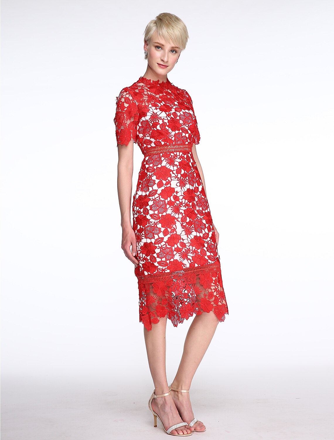 Abito da madre della sposa a tubino/colonna, trasparente, collo alto, lunghezza al ginocchio, pizzo, maniche corte, senza pizzo