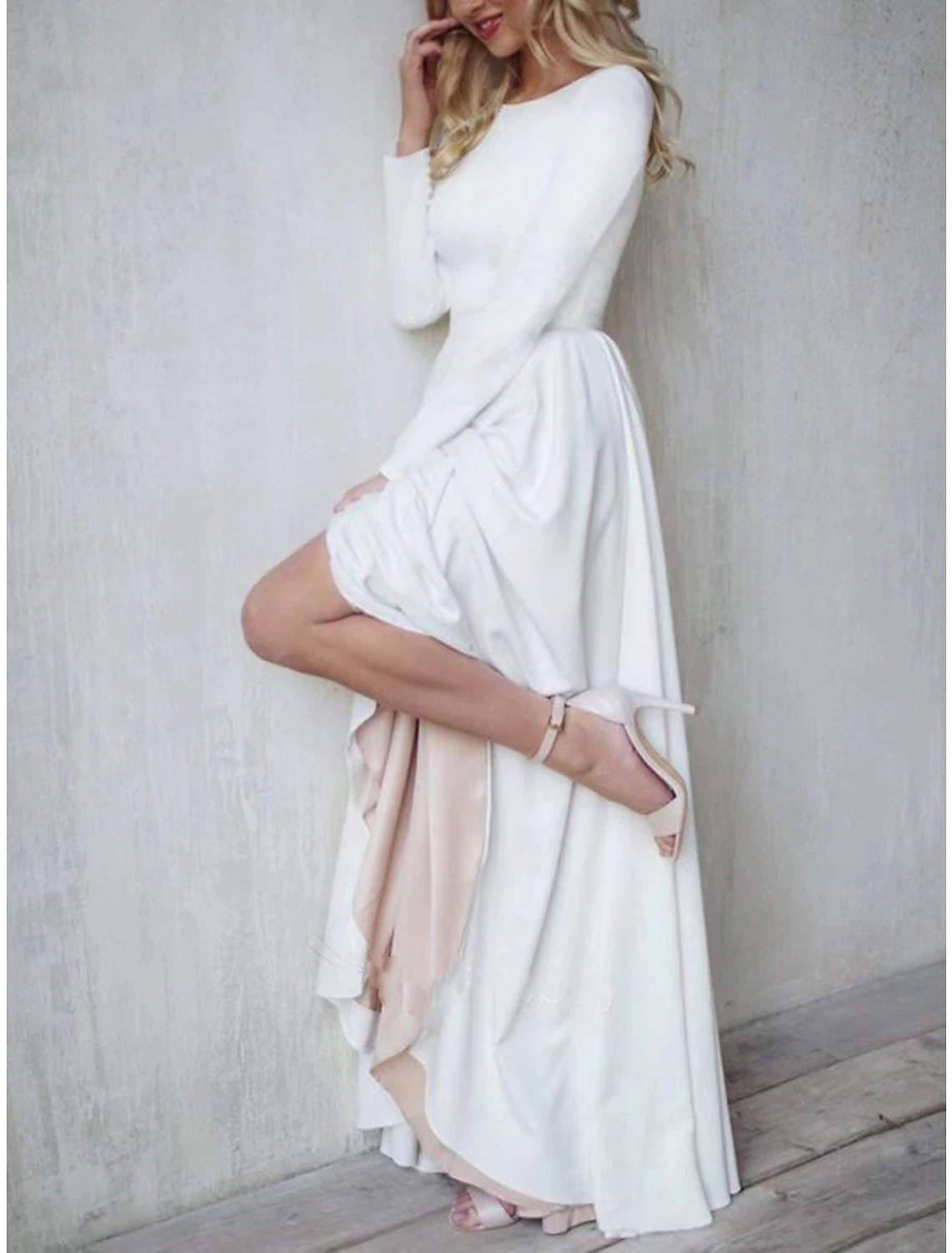 Abito da sera a trapezio con schiena scoperta, abito da cerimonia per invitati a nozze, asimmetrico, manica lunga, scollo gioiello, tessuto con bottoni e pieghe 2025