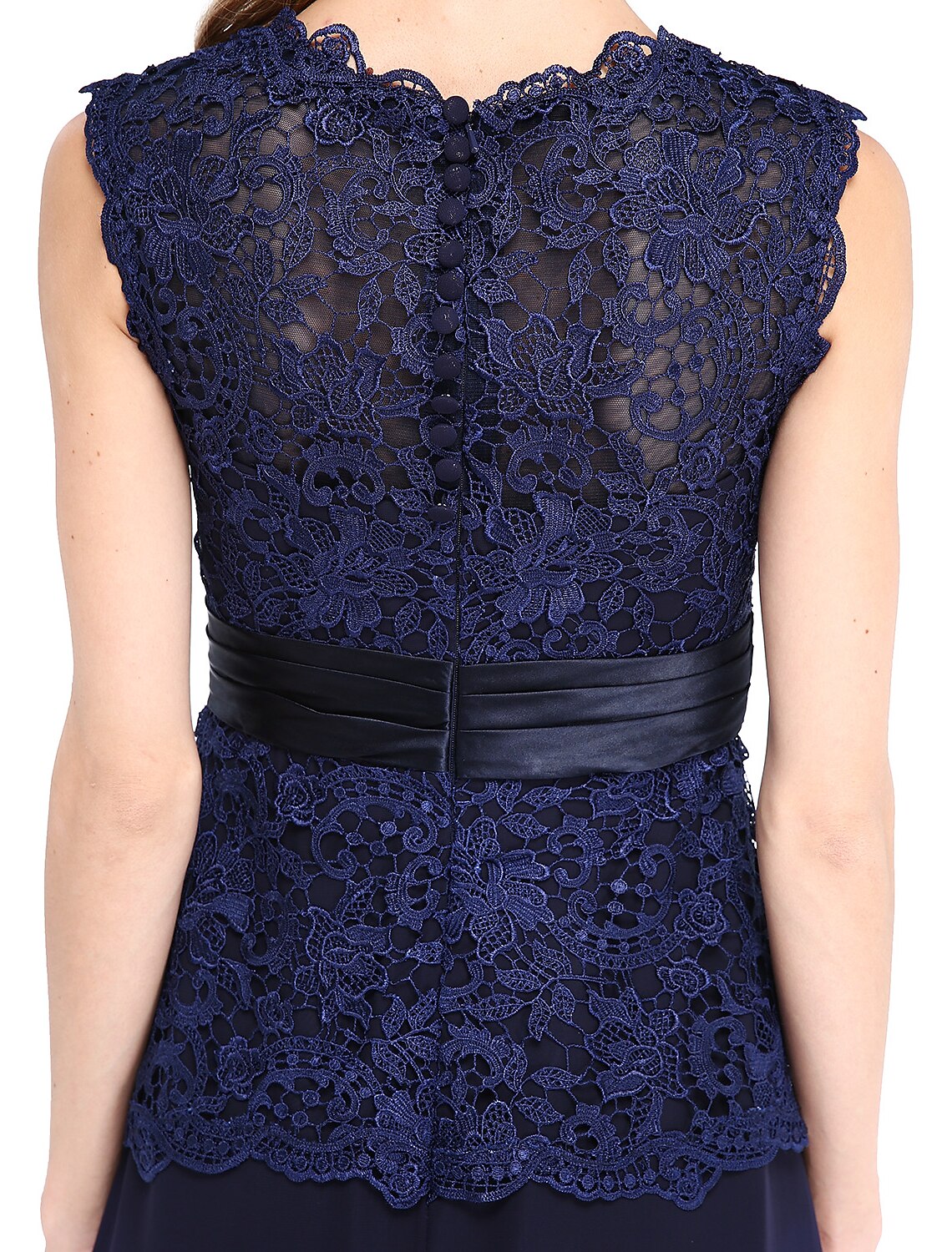 Vestido de madre de la novia con corte tubo/columna, espalda abierta, escote joya, largo hasta el suelo, gasa, encaje, sin mangas, con faja/cinta y botones