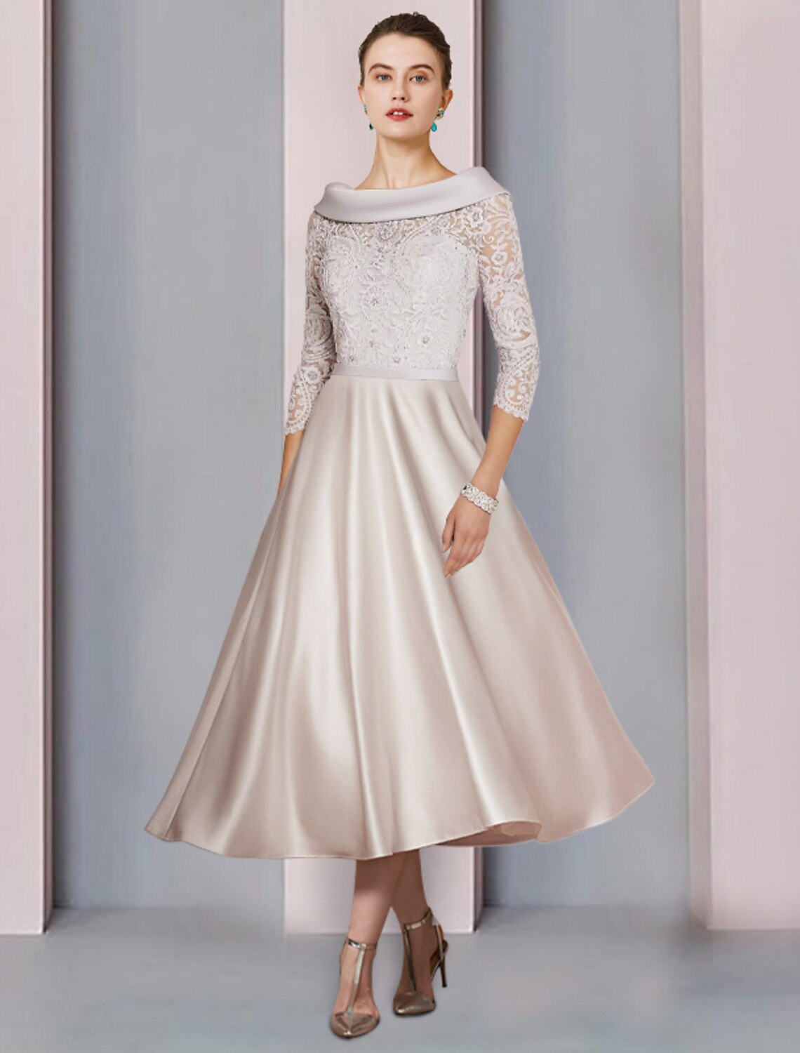 Champagne Lace Off-the-Shoulder A-Line Tea-Length Mother of the Bride Dress