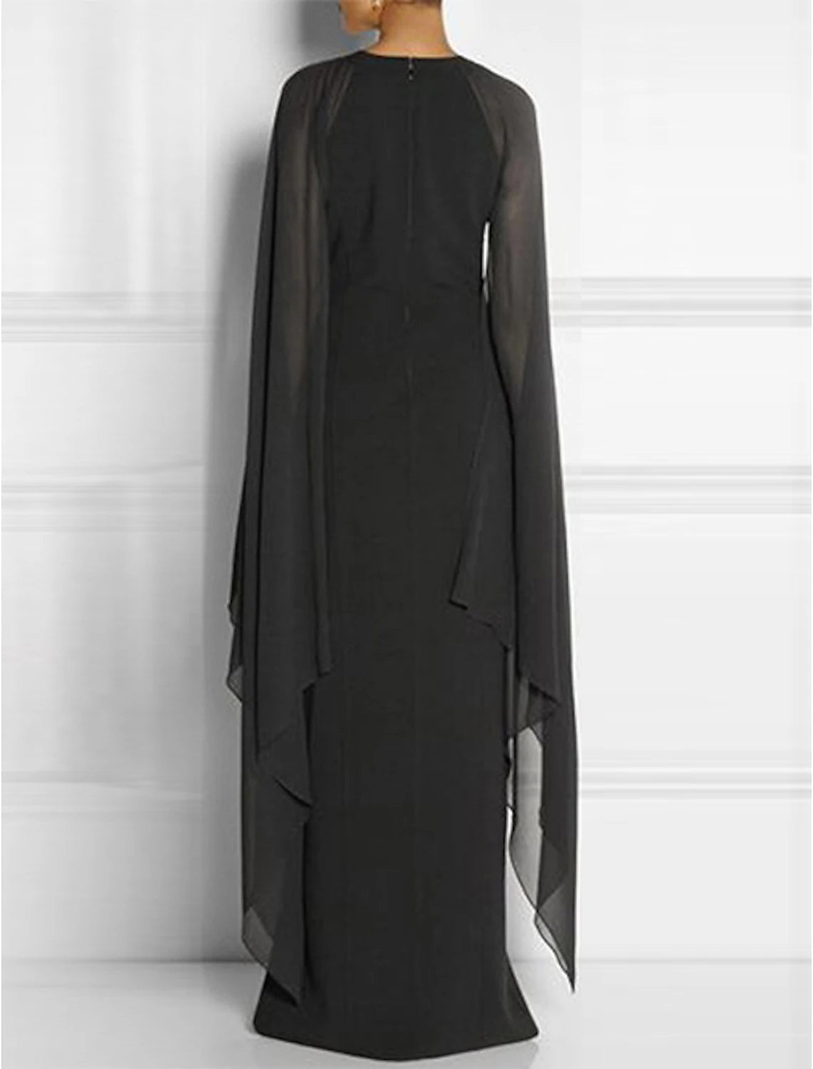 Black Crepe Sheath/column Floor-Length Evening Dress with Cape Sleeves and High Slit