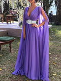 Lilac Chiffon A-Line Floor-Length Bridesmaid Dress with Draped Bodice and Cape Sleeves