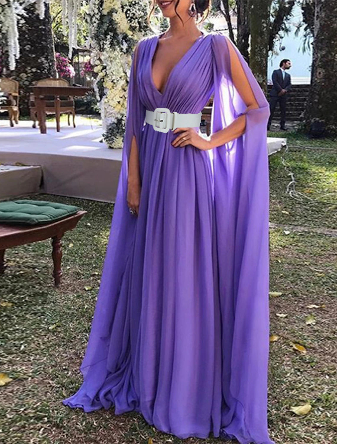 Lilac Chiffon A-Line Floor-Length Bridesmaid Dress with Draped Bodice and Cape Sleeves