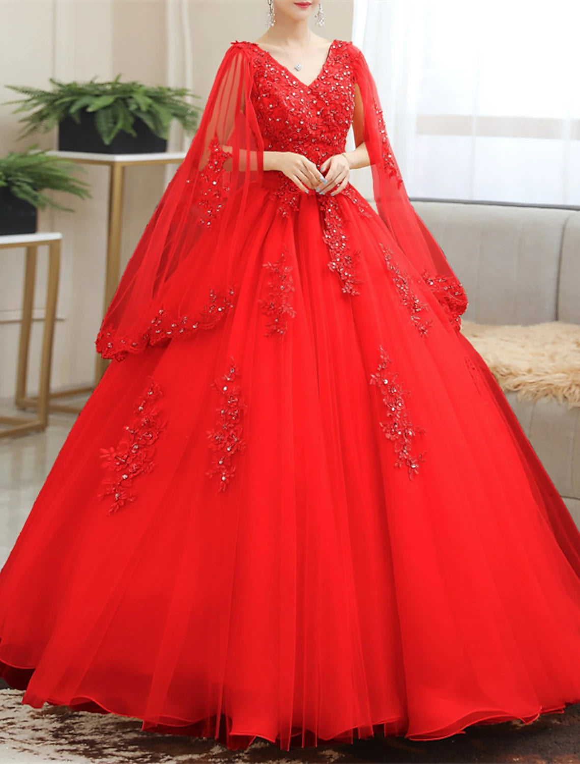 Vestidos de novia de recepción en color Vestidos de novia Vestido de baile Cuello en V Manga larga Hasta el suelo Vestidos de novia de encaje con apliques Verano Otoño Fiesta de bodas
