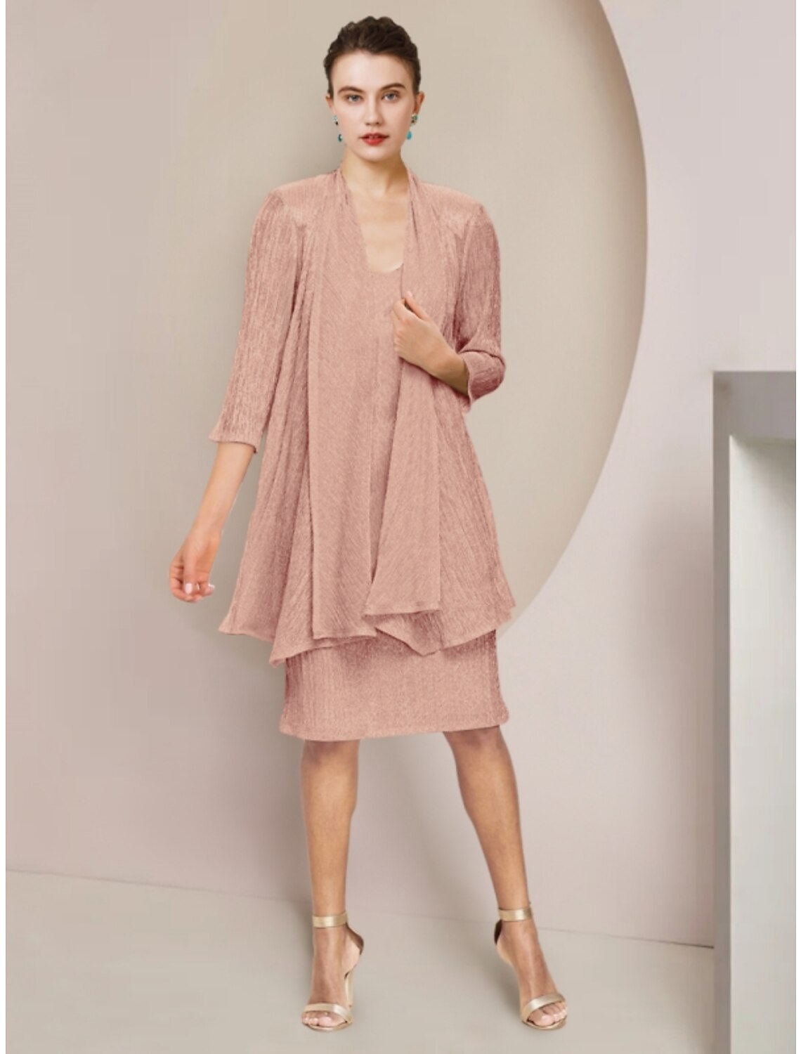 Vestido de madre de la novia de dos piezas, sencillo, pequeño, escote redondo, largo hasta la rodilla, encaje, manga 3/4 con pliegues, color liso