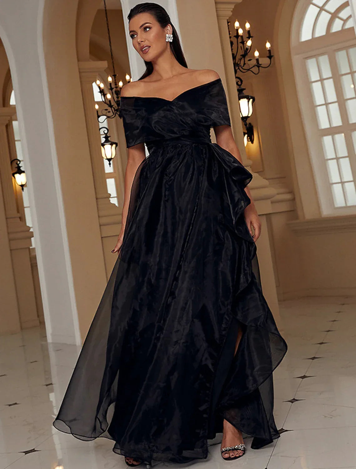 Black Off-the-Shoulder Chiffon A-Line Floor-Length Evening Gown